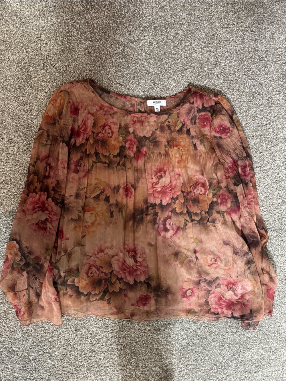 Kensie Sheer Floral Blouse - Pink & Brown